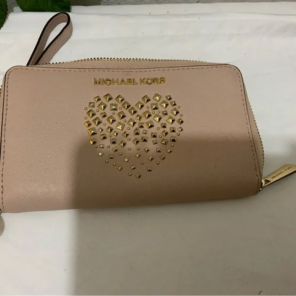 Michael Kors  Pink Studded heart  Design Zip Around Leather Wallet